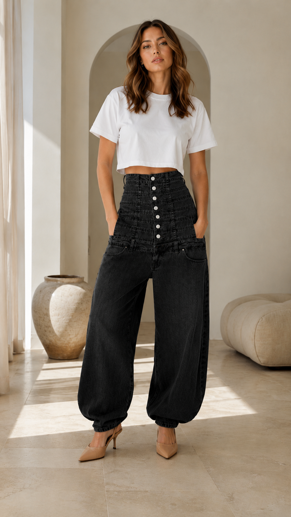 High-Rise Button Front Barrel Jeans
