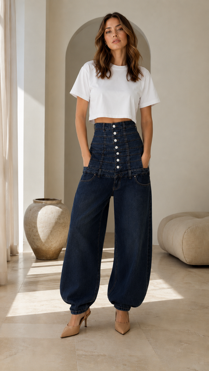 High-Rise Button Front Barrel Jeans