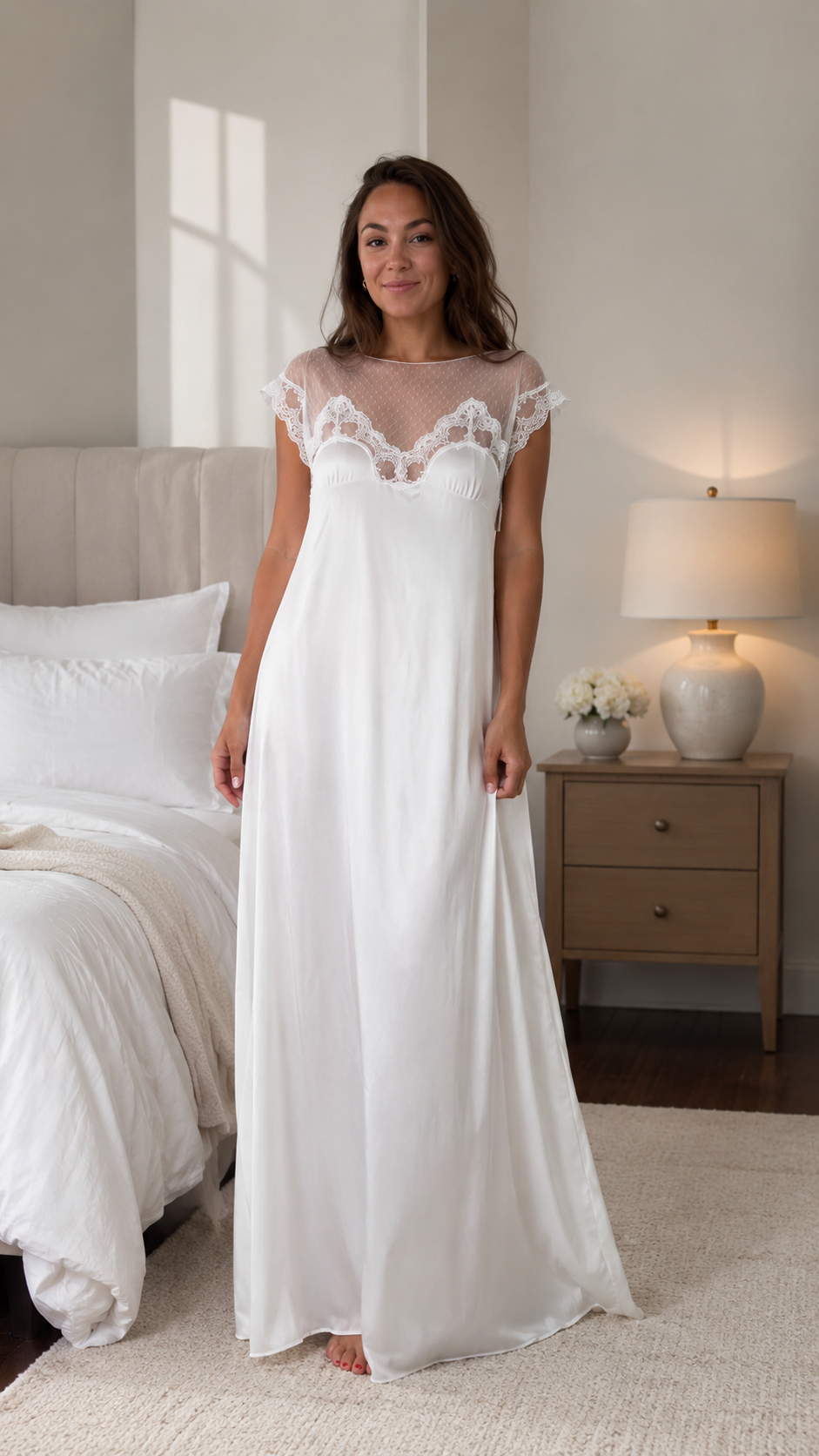 Sheer Lace Yoke Satin Maxi Nightgown