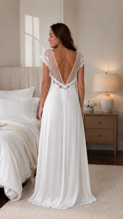 Sheer Lace Yoke Satin Maxi Nightgown