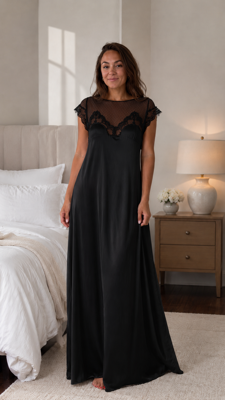 Sheer Lace Yoke Satin Maxi Nightgown