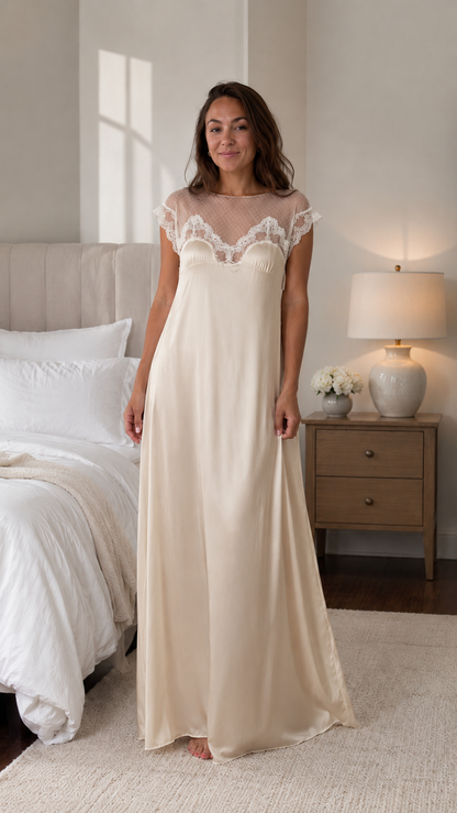 Sheer Lace Yoke Satin Maxi Nightgown