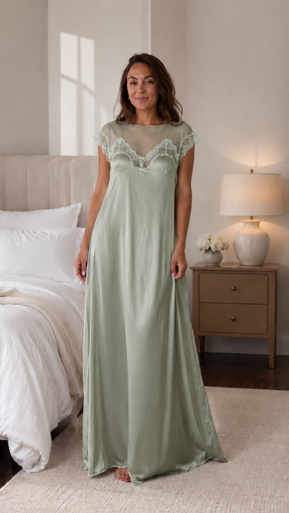 Sheer Lace Yoke Satin Maxi Nightgown