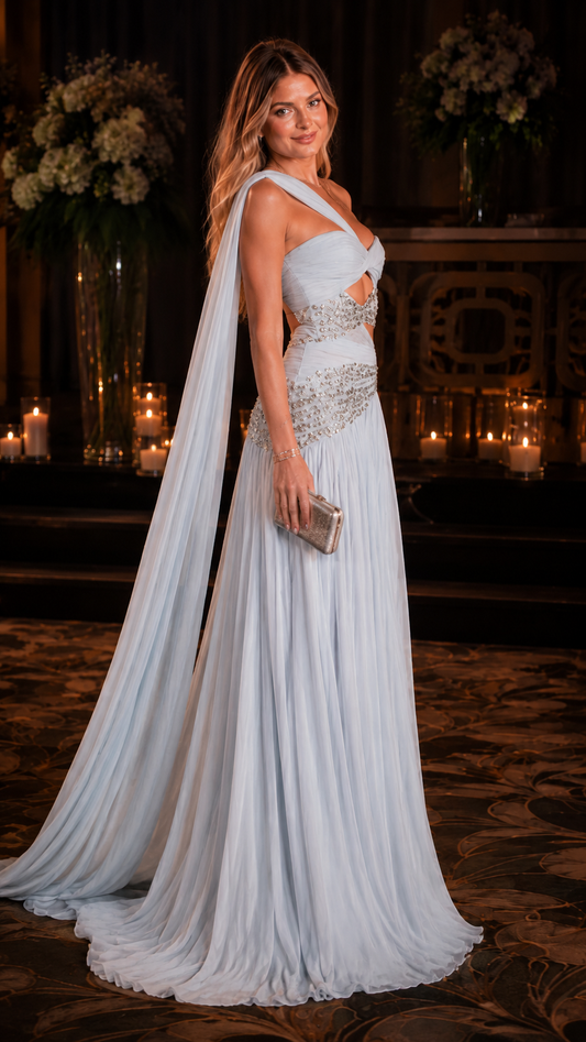 One-Shoulder Embellished Cutout Chiffon Evening Gown