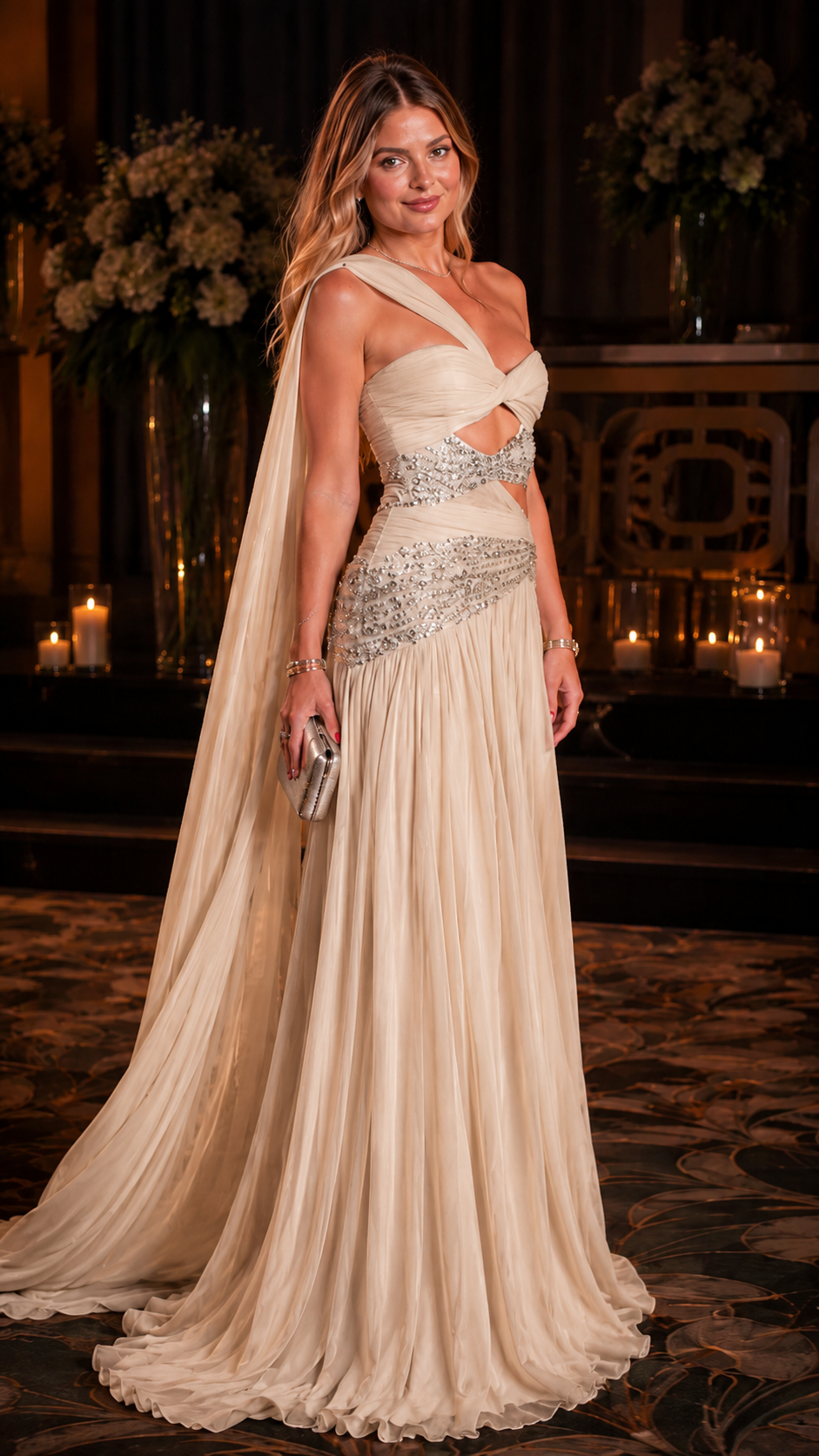 One-Shoulder Embellished Cutout Chiffon Evening Gown