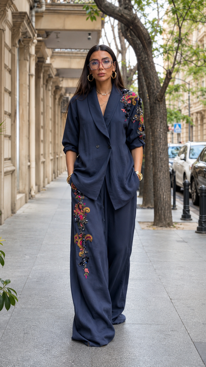Embellished Linen-Look Blazer & Wide-Leg Pants Set
