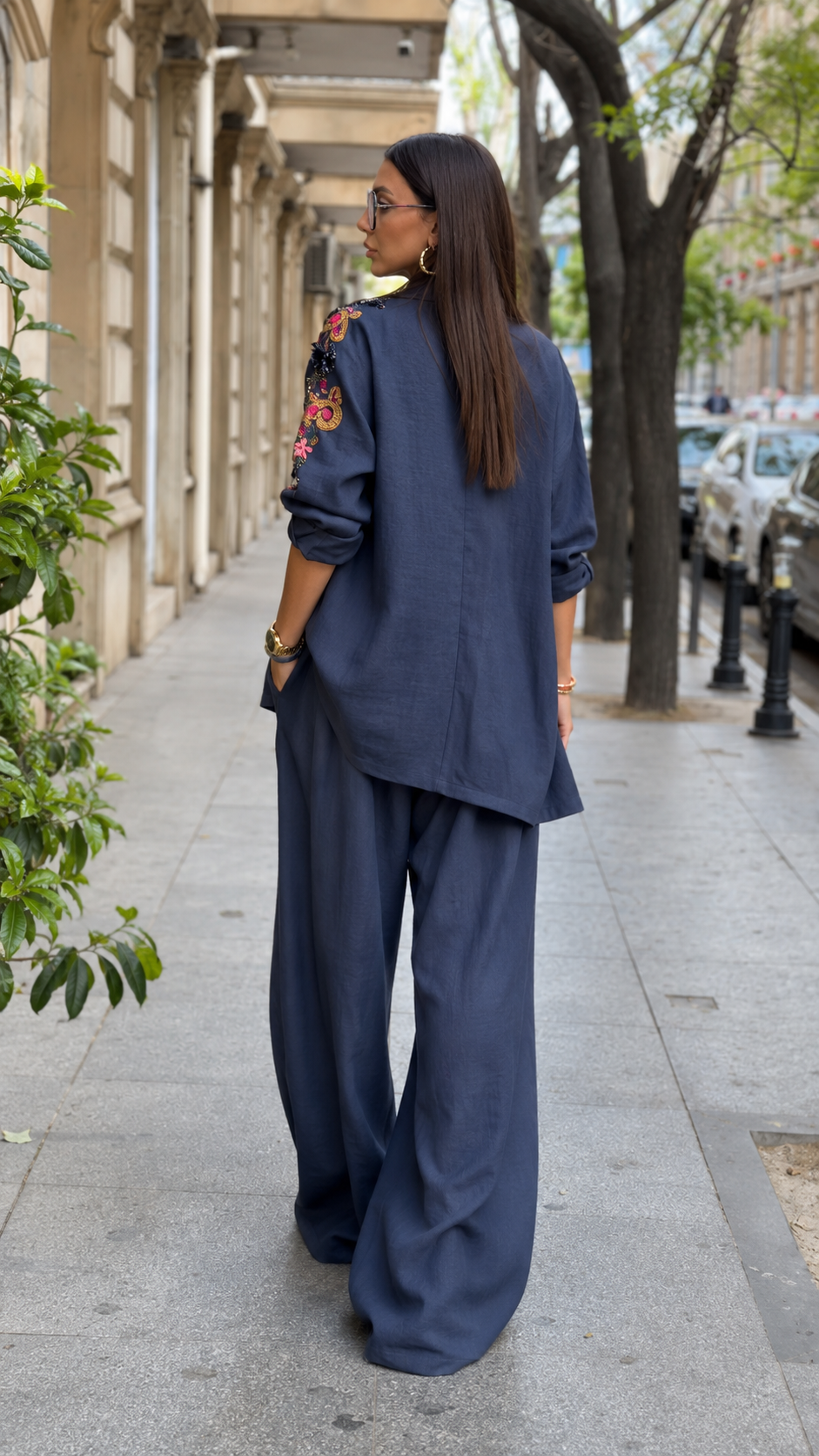 Embellished Linen-Look Blazer & Wide-Leg Pants Set