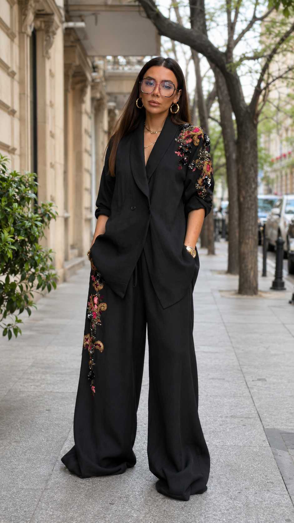 Embellished Linen-Look Blazer & Wide-Leg Pants Set