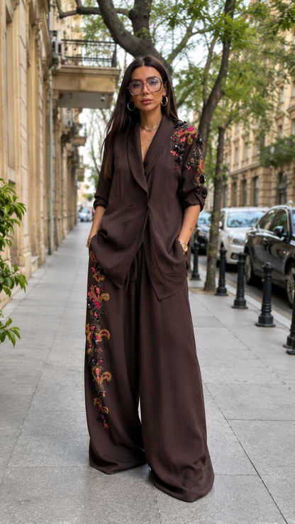 Embellished Linen-Look Blazer & Wide-Leg Pants Set
