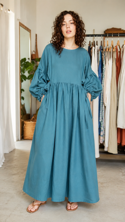 Oversized Balloon Sleeve Maxi Smock Dress