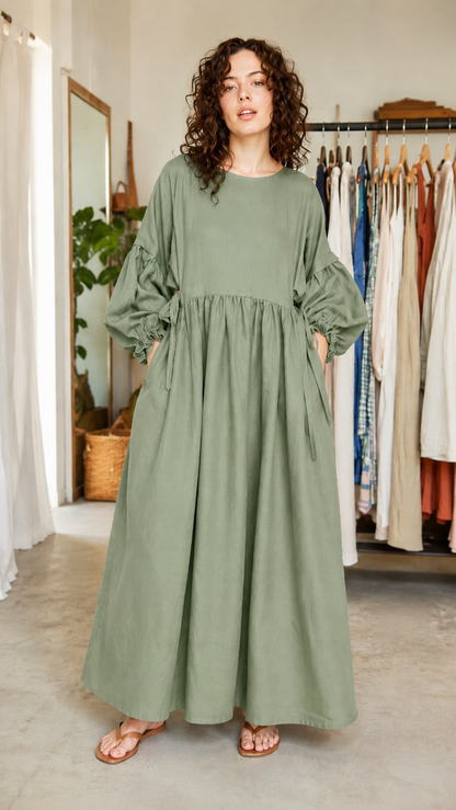 Oversized Balloon Sleeve Maxi Smock Dress