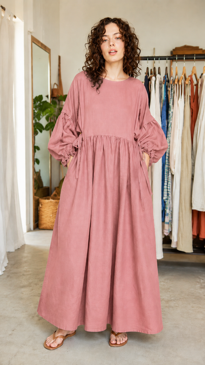 Oversized Balloon Sleeve Maxi Smock Dress