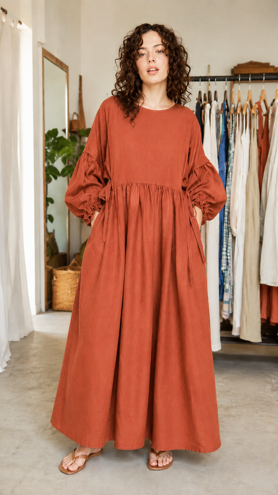 Oversized Balloon Sleeve Maxi Smock Dress