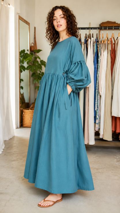 Oversized Balloon Sleeve Maxi Smock Dress