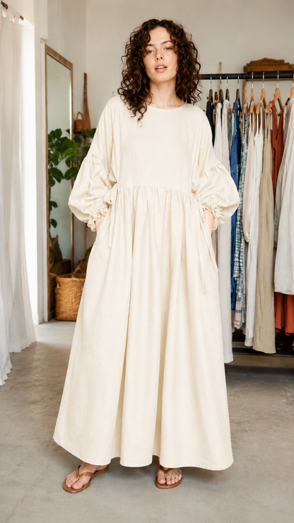 Oversized Balloon Sleeve Maxi Smock Dress