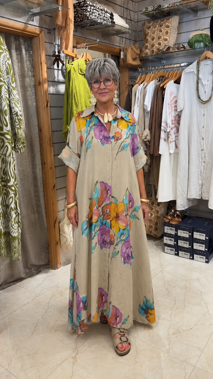 Watercolor Floral Button-Down Maxi Shirt Dress