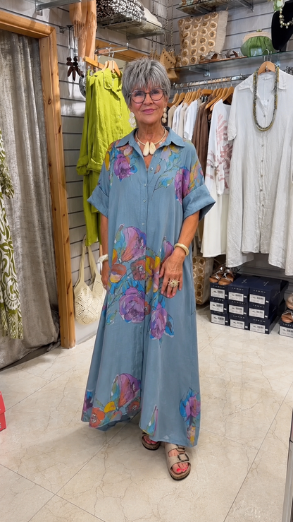 Watercolor Floral Button-Down Maxi Shirt Dress