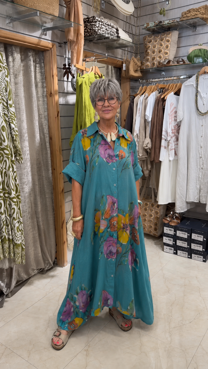 Watercolor Floral Button-Down Maxi Shirt Dress