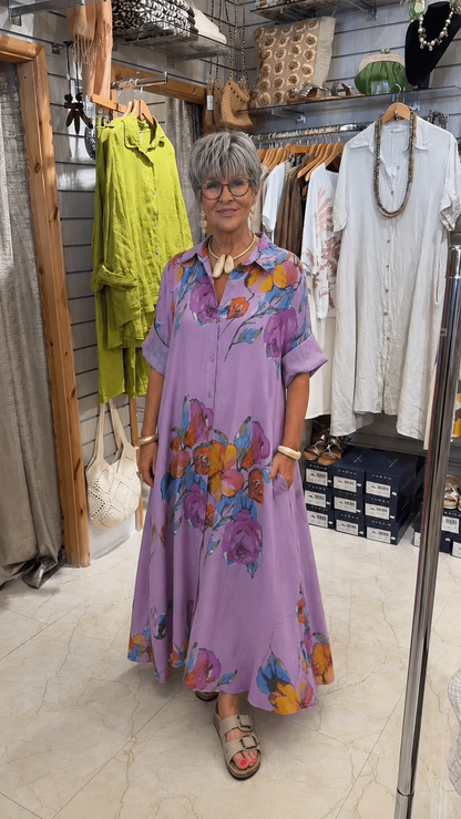 Watercolor Floral Button-Down Maxi Shirt Dress