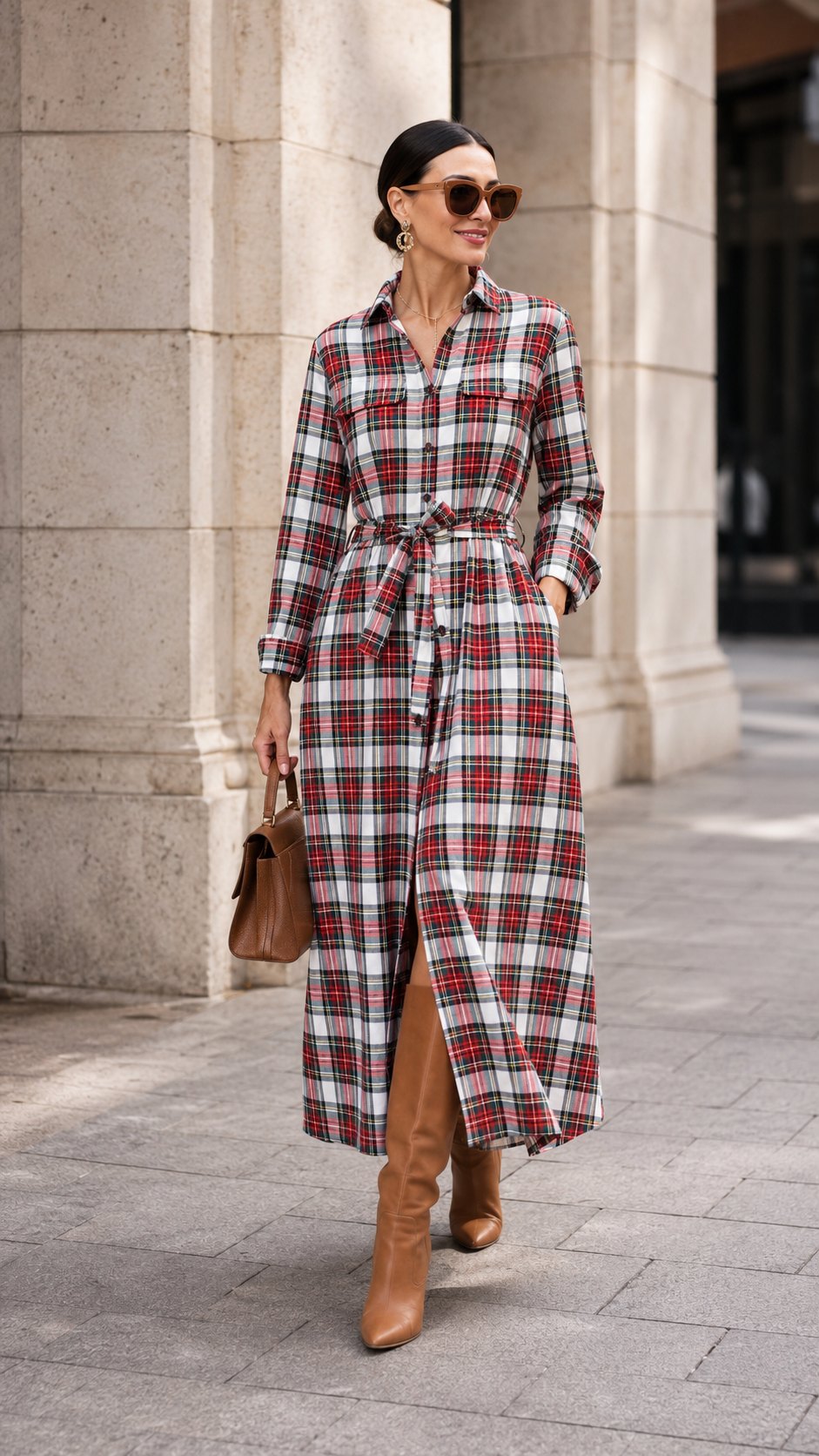 Plaid Belted Button-Down Maxi Shirt Dress
