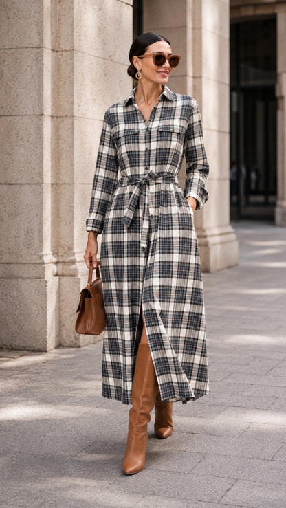 Plaid Belted Button-Down Maxi Shirt Dress