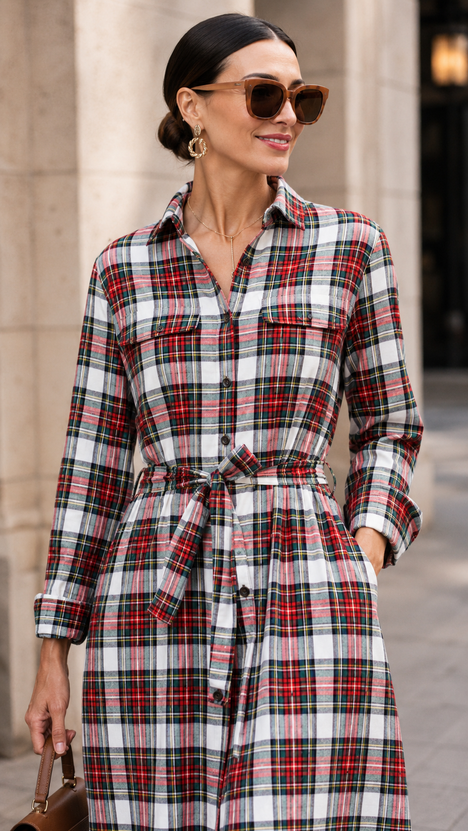 Plaid Belted Button-Down Maxi Shirt Dress