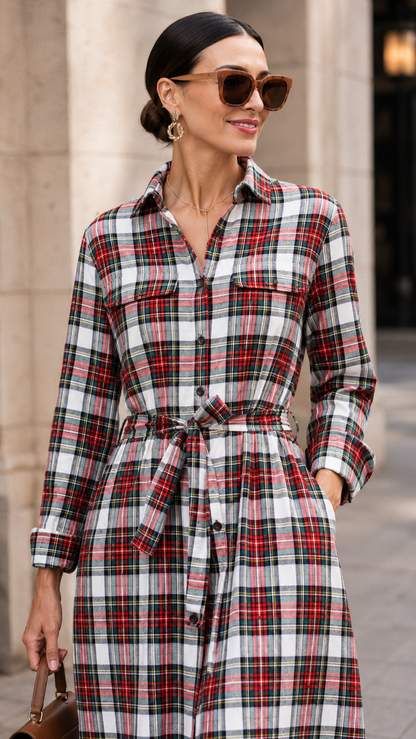 Plaid Belted Button-Down Maxi Shirt Dress