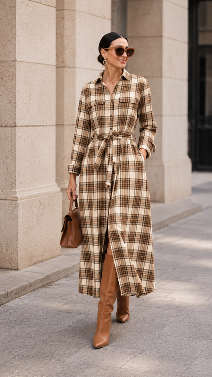 Plaid Belted Button-Down Maxi Shirt Dress