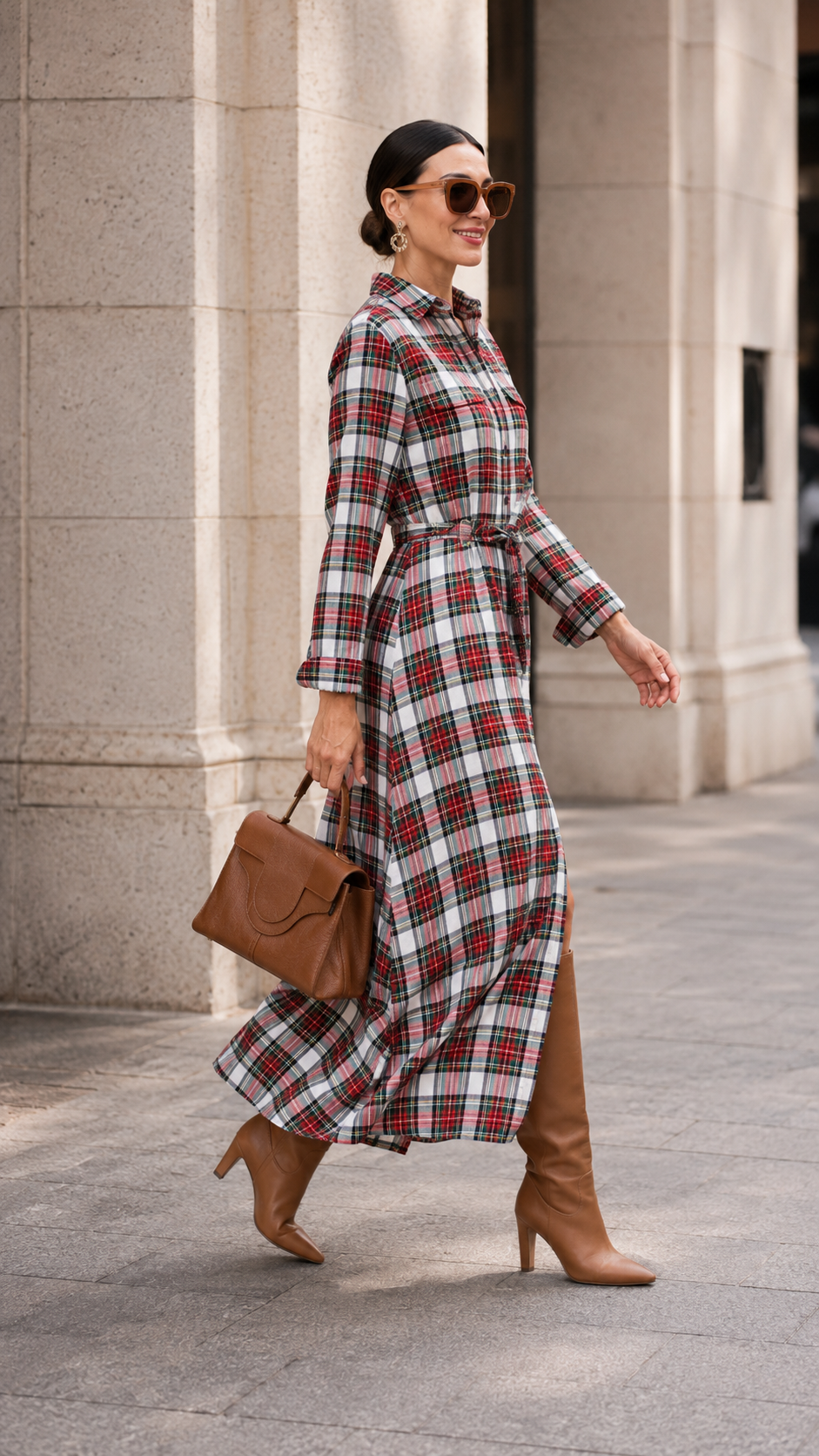 Plaid Belted Button-Down Maxi Shirt Dress