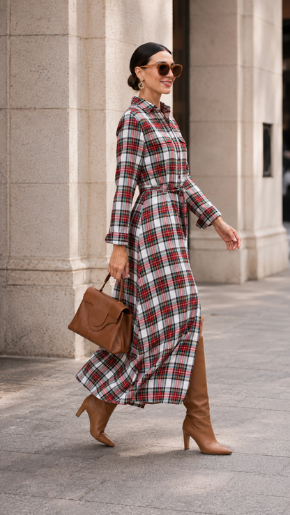 Plaid Belted Button-Down Maxi Shirt Dress