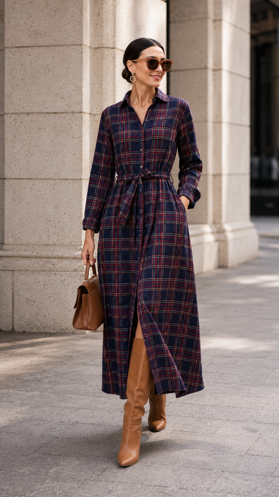 Plaid Belted Button-Down Maxi Shirt Dress