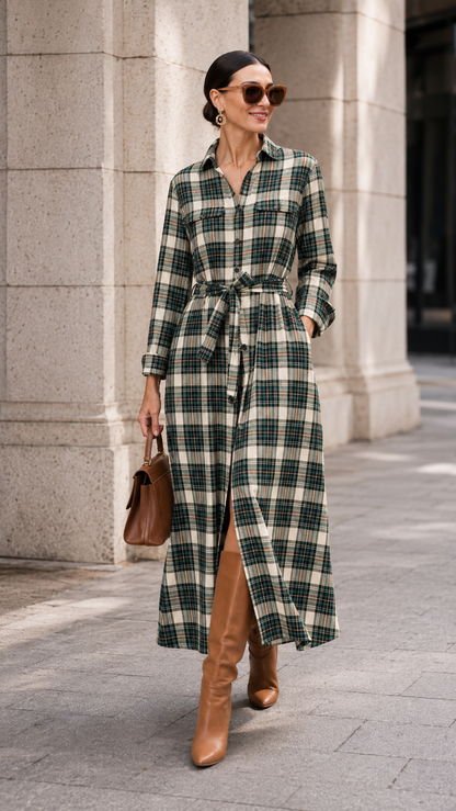 Plaid Belted Button-Down Maxi Shirt Dress