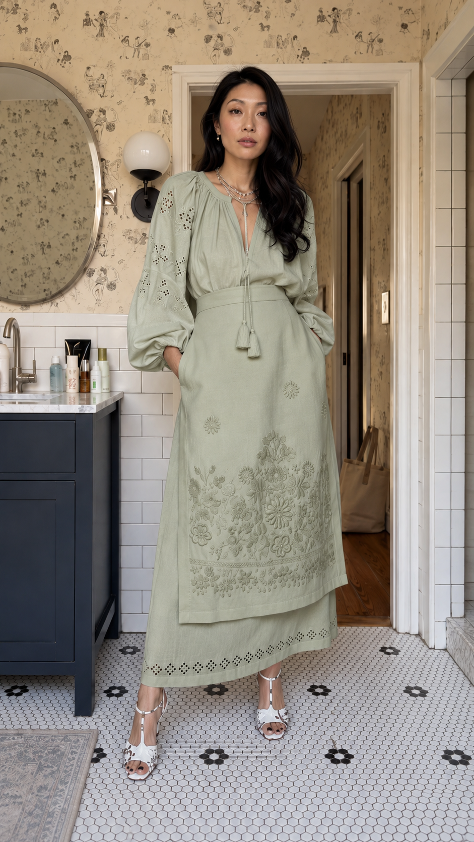 Boho Embroidered Peasant Blouse & Layered Maxi Skirt Set