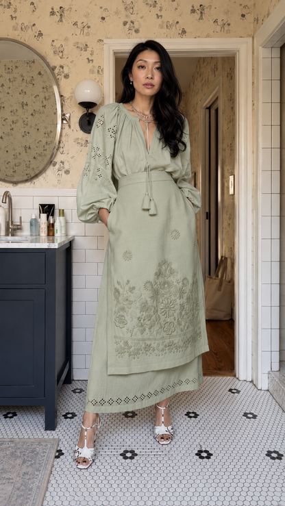 Boho Embroidered Peasant Blouse & Layered Maxi Skirt Set