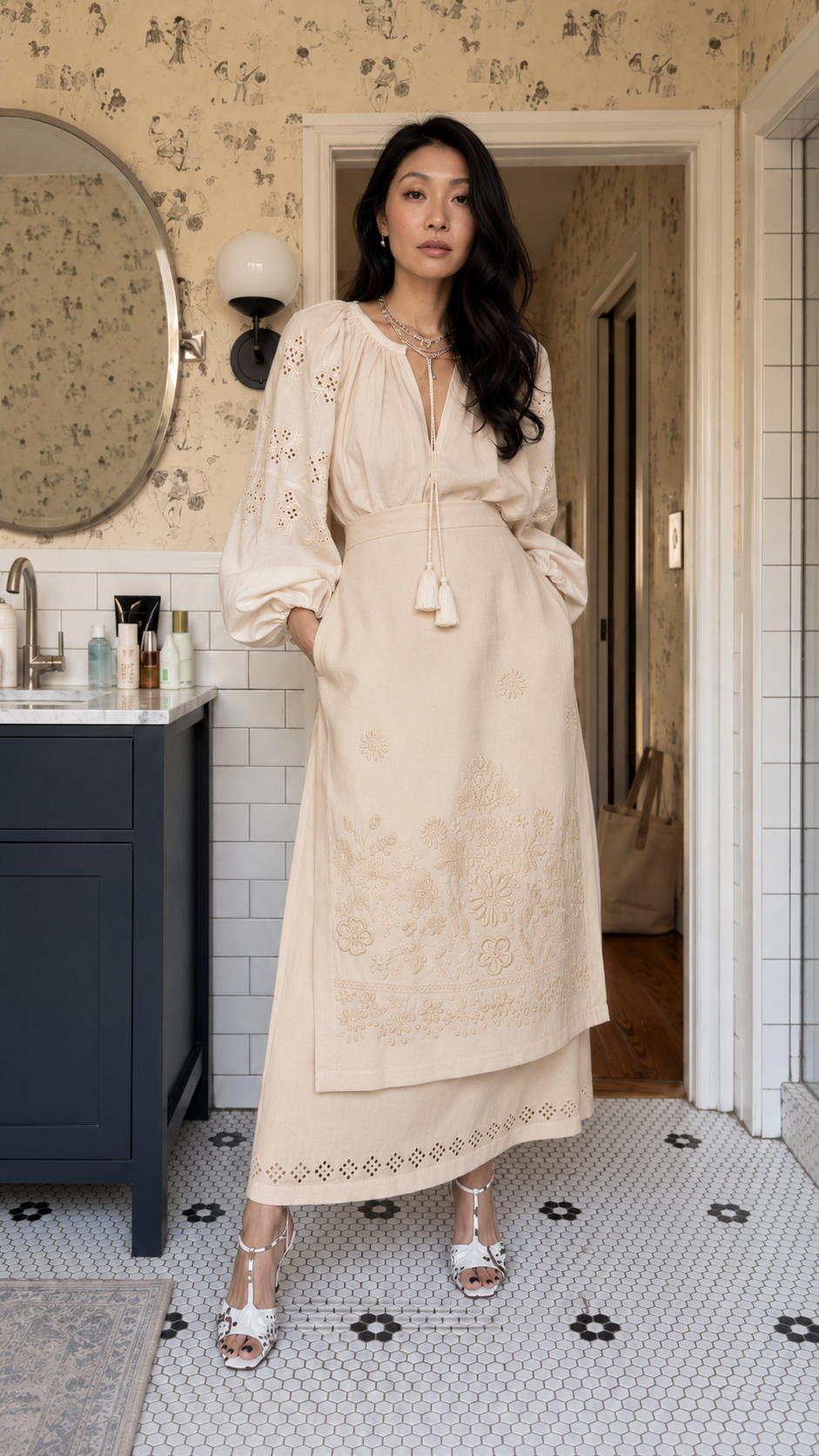Boho Embroidered Peasant Blouse & Layered Maxi Skirt Set