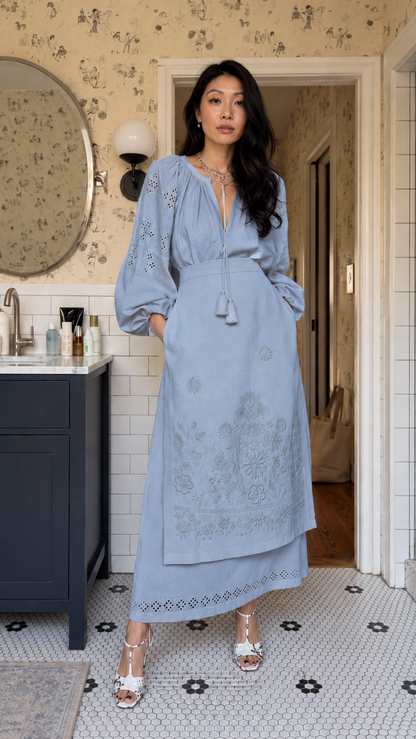 Boho Embroidered Peasant Blouse & Layered Maxi Skirt Set