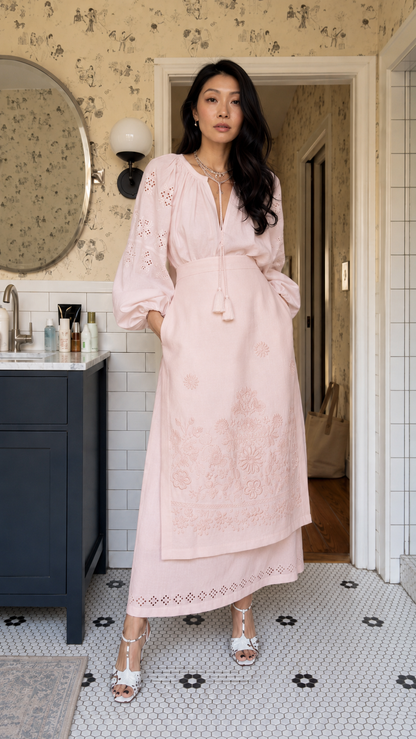 Boho Embroidered Peasant Blouse & Layered Maxi Skirt Set