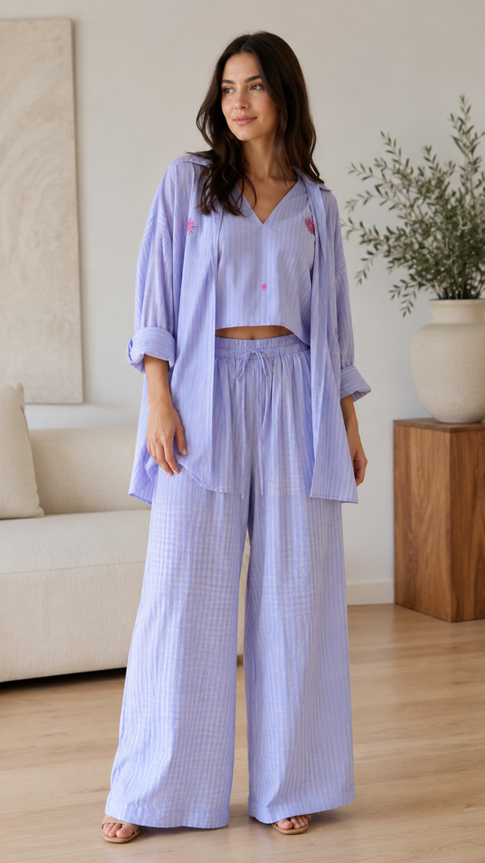 Embroidered 3-Piece Wide Leg Lounge Set