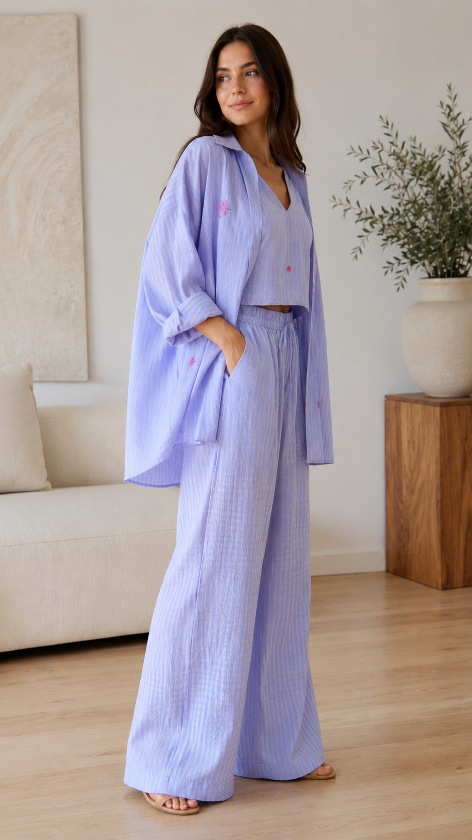 Embroidered 3-Piece Wide Leg Lounge Set