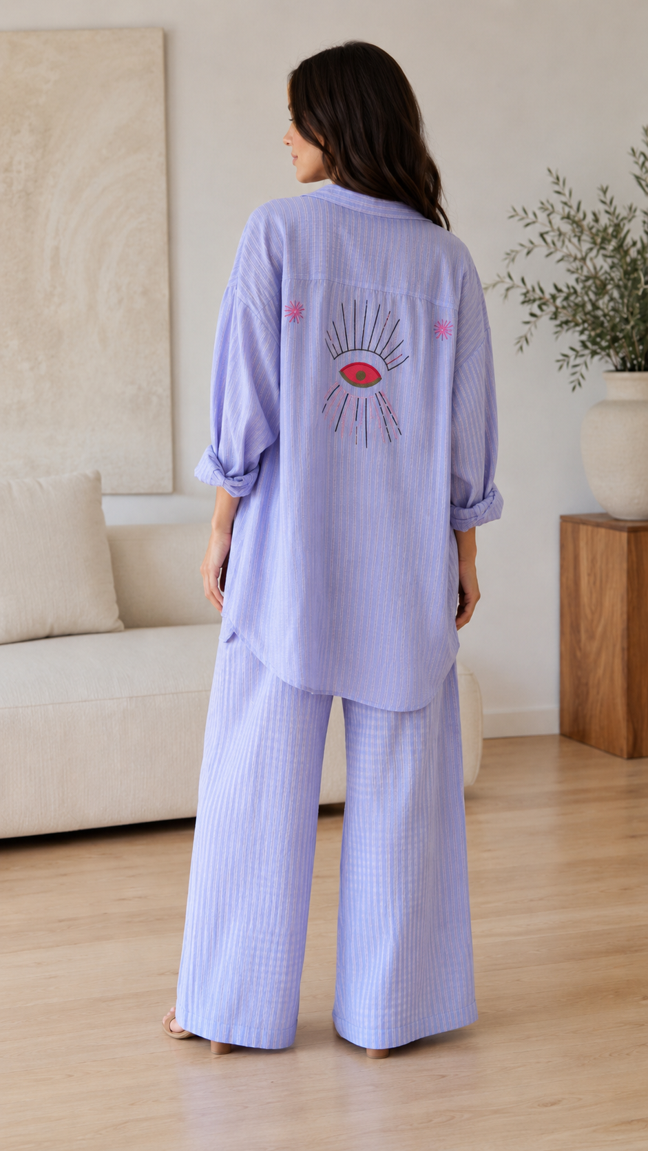 Embroidered 3-Piece Wide Leg Lounge Set