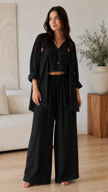Embroidered 3-Piece Wide Leg Lounge Set
