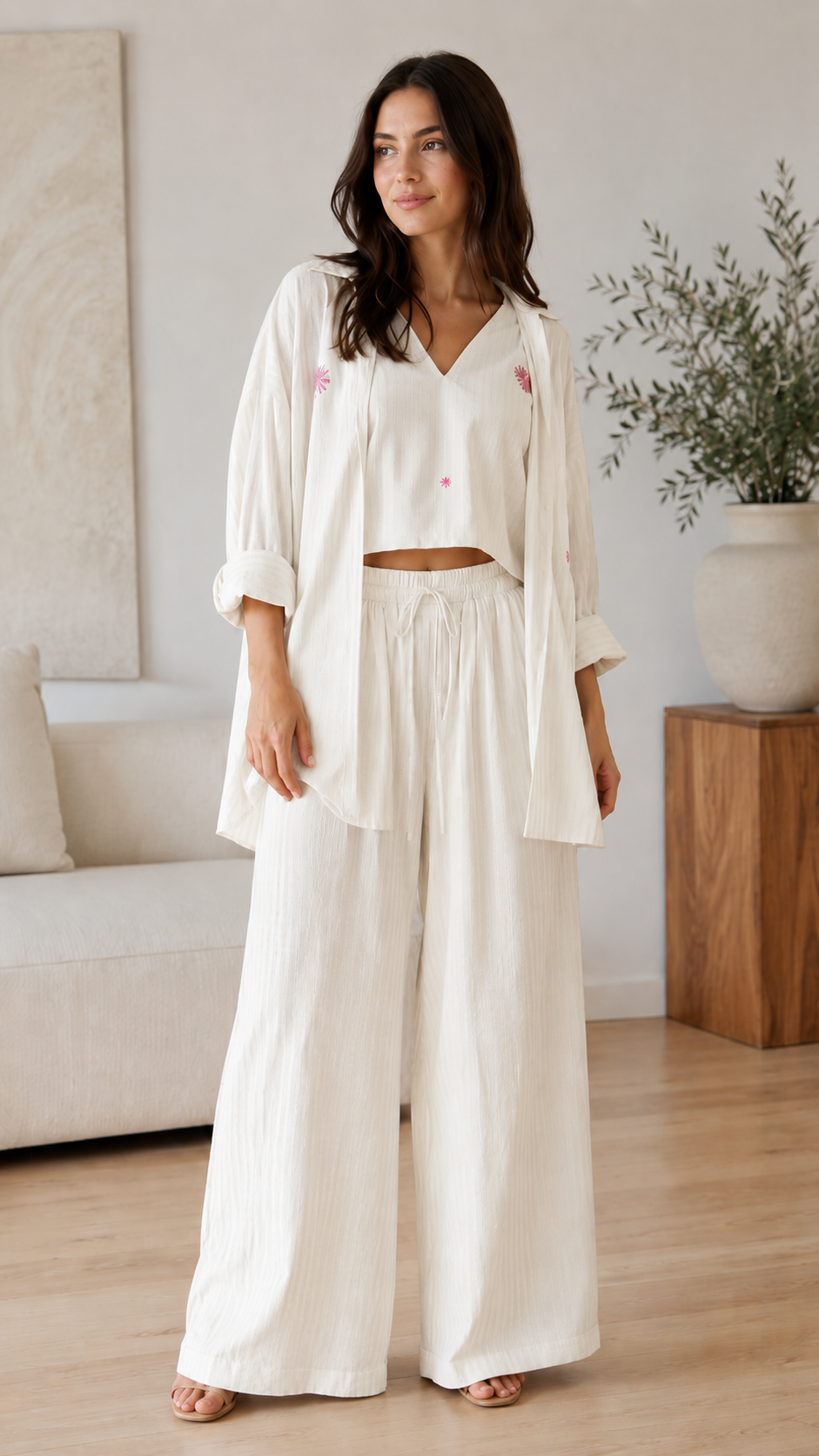 Embroidered 3-Piece Wide Leg Lounge Set