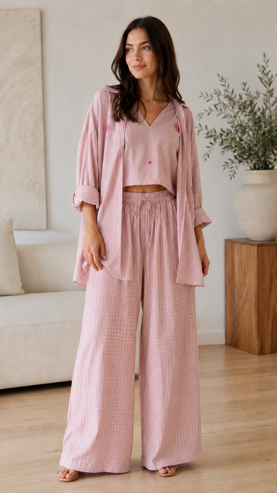 Embroidered 3-Piece Wide Leg Lounge Set