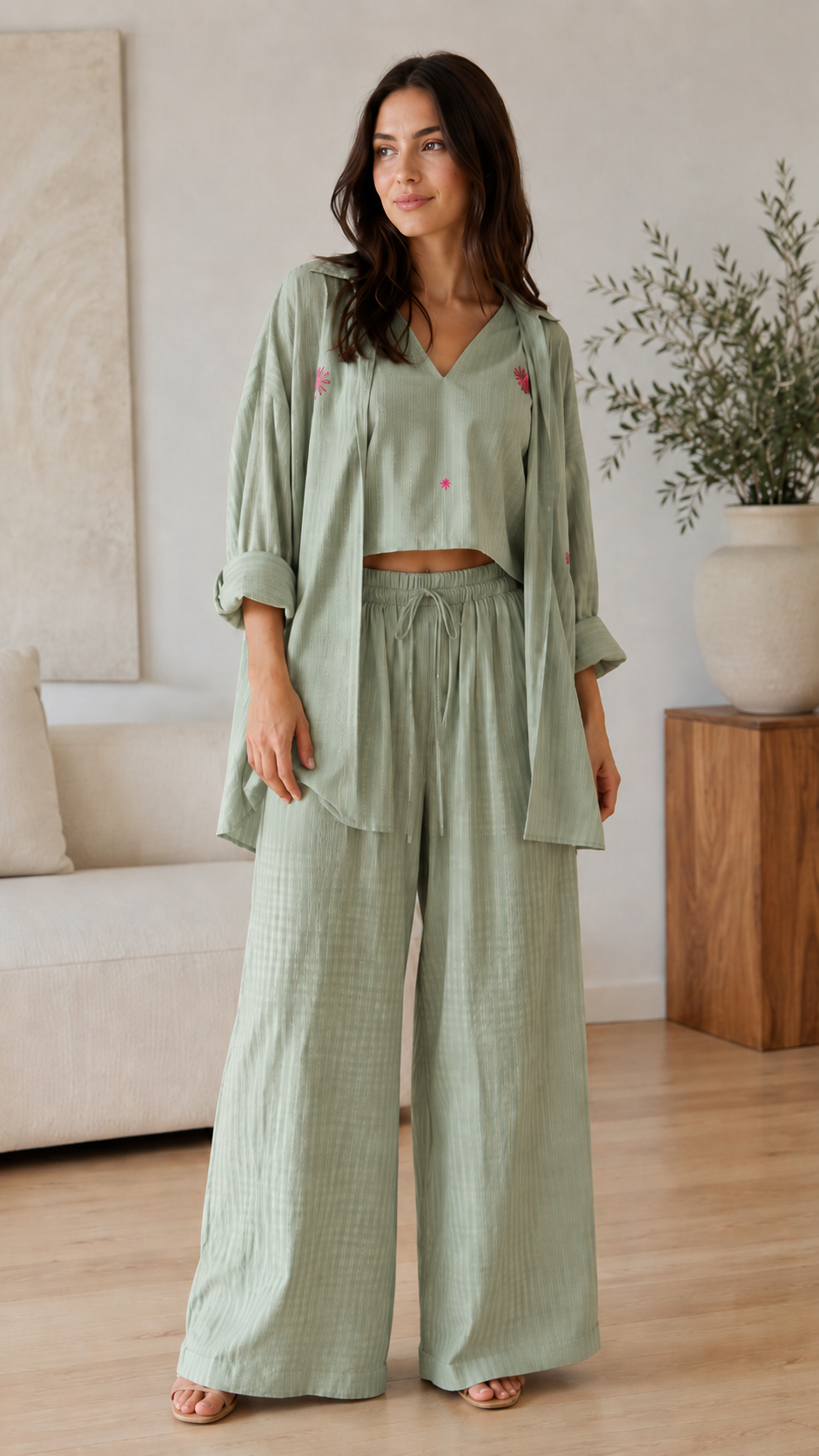 Embroidered 3-Piece Wide Leg Lounge Set