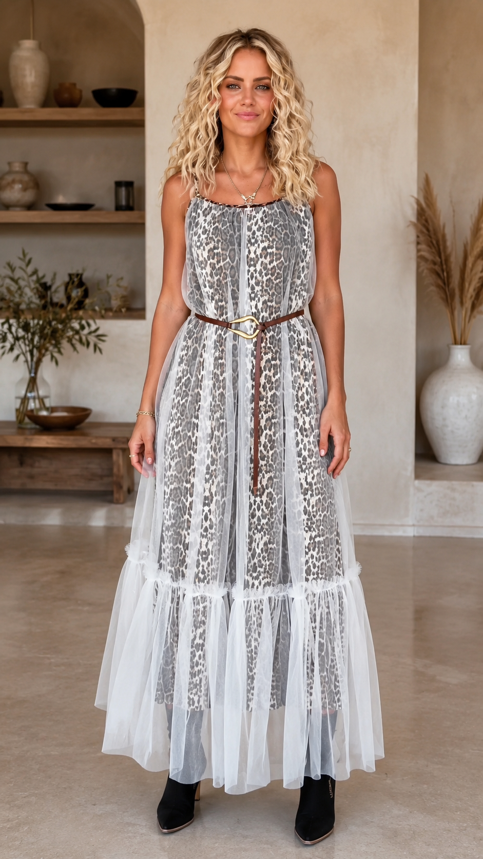 Sheer Tulle Leopard Maxi Dress
