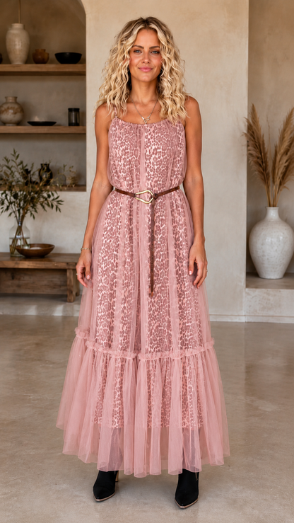 Sheer Tulle Leopard Maxi Dress