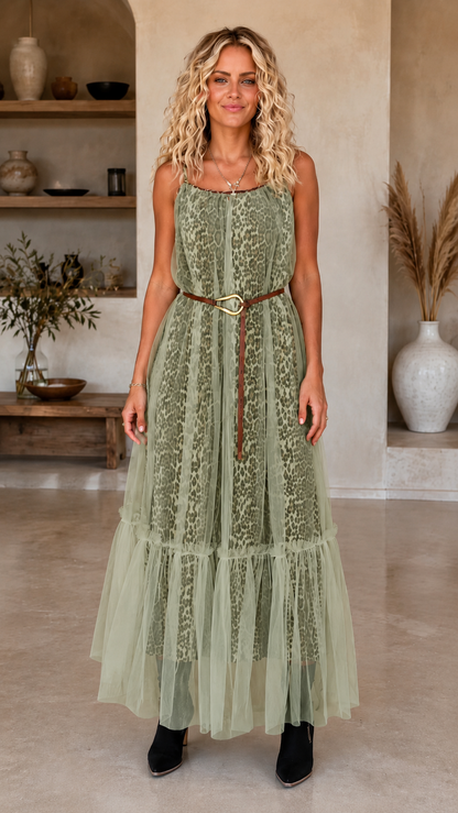 Sheer Tulle Leopard Maxi Dress