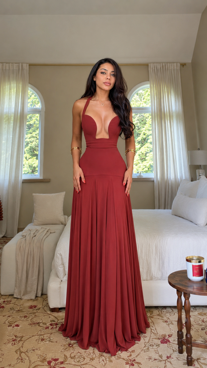 Deep Plunge Halter Pleated Maxi Dress