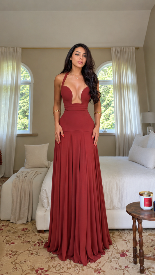 Deep Plunge Halter Pleated Maxi Dress