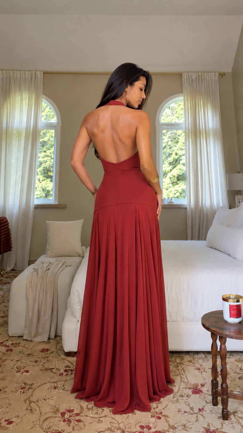 Deep Plunge Halter Pleated Maxi Dress